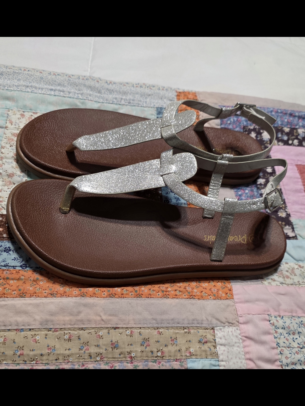 Dream Pairs Silver T-Strap Sandals with Brown Footbed